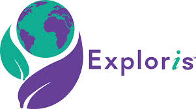 The image features the logo for "Exploris". On the left, there's a stylized globe in teal and purple, partially encircled by two purple leaves. To the right of the graphic is the company name, "Exploris," in purple text. The logo has a clean and modern design, suggesting themes of nature, exploration, or global awareness.